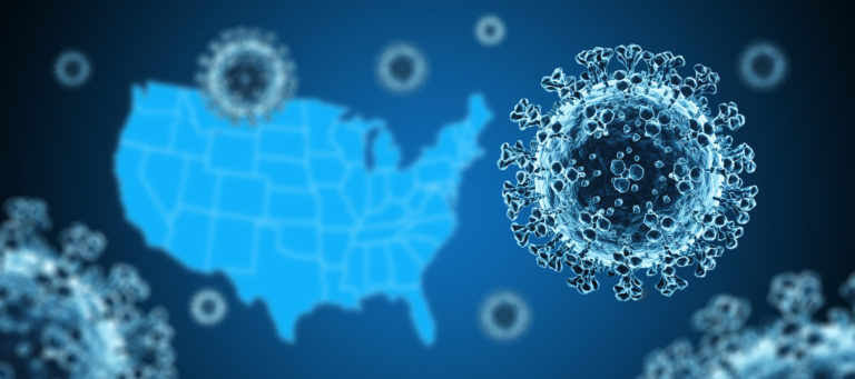 Coronavirus with blue World Map Background - 3D illustration